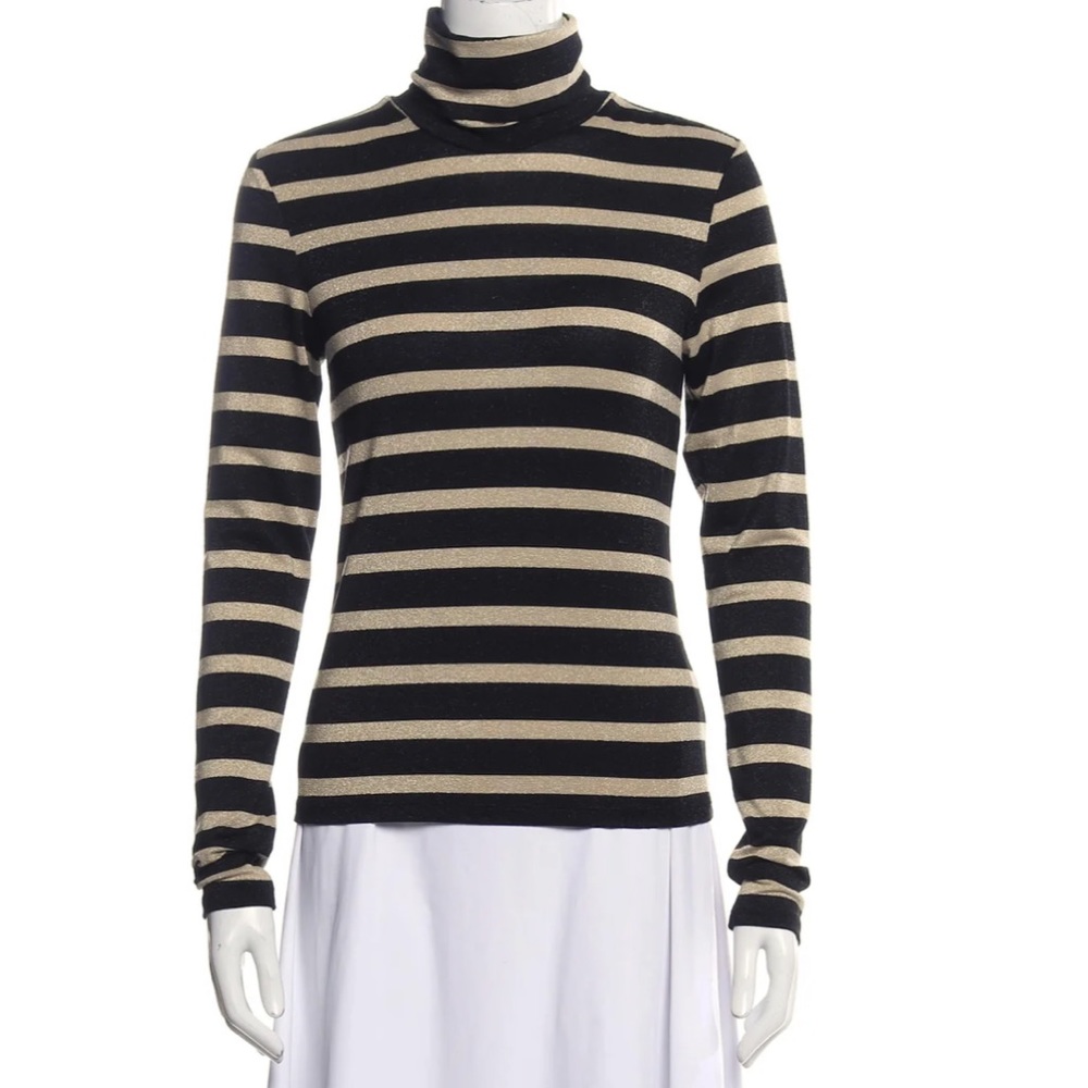Veronica Beard Jeans Black & Metallic Gold Striped Turtleneck Size Medium - Picture 1 of 6